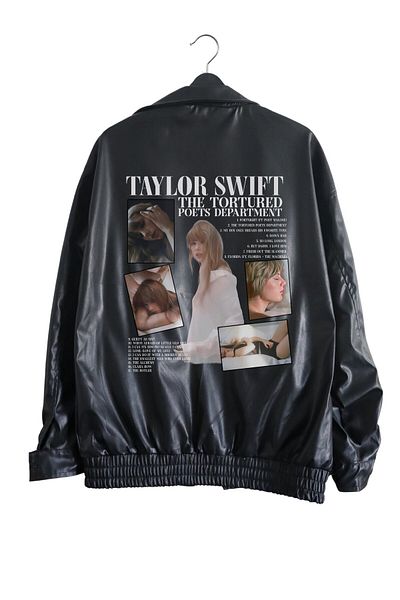 Fuddy Moda TTPD Printed Oversize Μαύρο Δερμάτινο Μπουφάν - Επενδυμένο, Εκτύπωση Taylor Swift