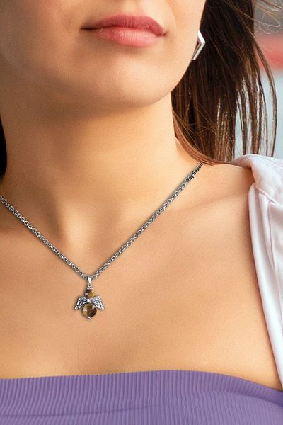 TAŞ SEPETİ Real Tiger Eye Natural Stone Minimal Angel Model A Quality Chain Pendant