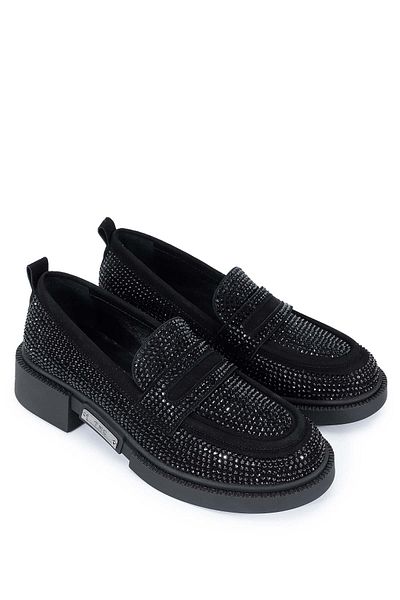 Tamer Tanca Women's Genuine Leather Black Suede Loafer Shoes