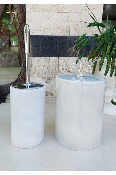 Sümeyra Marble Art Crystal White - Φυσικό Λευκό Μάρμαρο WC Βούρτσα και Κάδος Απορριμμάτων - ΑΣΗΜΙ