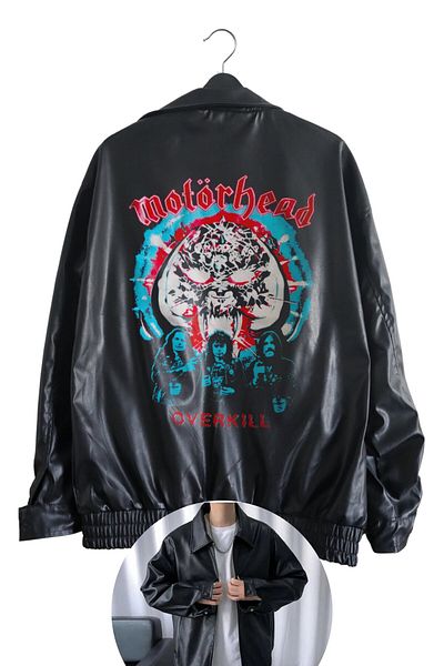 Fuddy Moda Motörhead Printed Unisex Μαύρο Δερμάτινο Μπουφάν - Oversize Streetwear