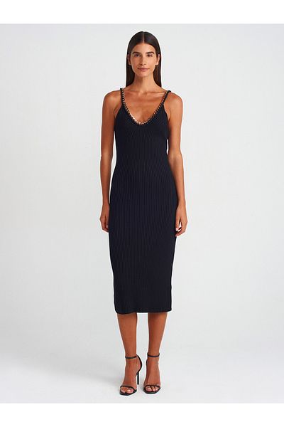 Dilvin 90226 Strap Chain Ribbed Knitwear Dress-Black