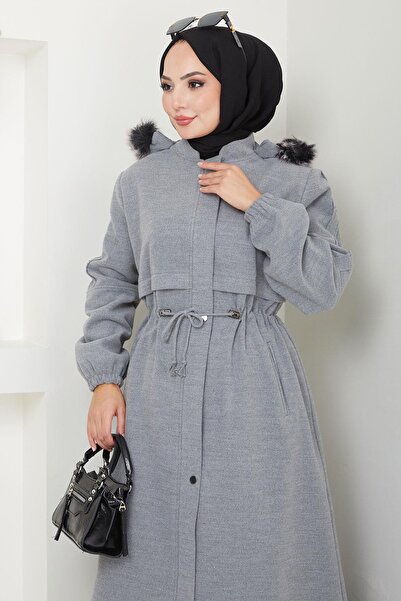 hafsamina Large Size Gray Stamp Coat - Furry Hood and Lace-Up Hm2584