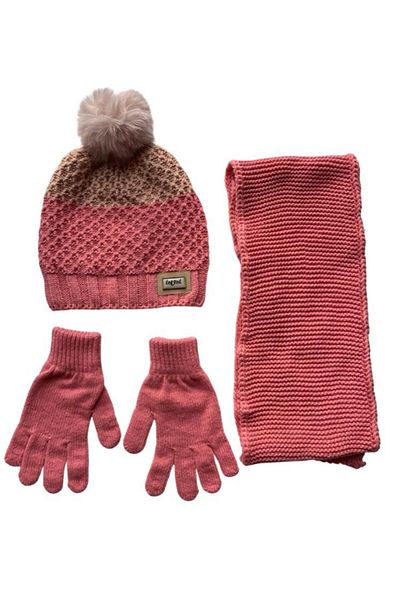 Kitti 9-15 Years Old Girl's Beanie Inside Fleece Outside Acrylic Pompom Scarf Beanie Gloves Set of 3 Pink Powder
