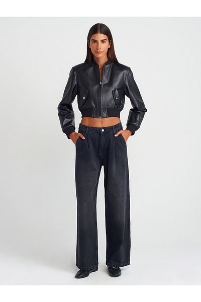 Dilvin 71733 Pleated Wide Denim Trousers-Black
