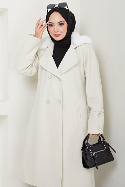 hafsamina Παλτό εκρού με γούνινο γιακά - HM2583