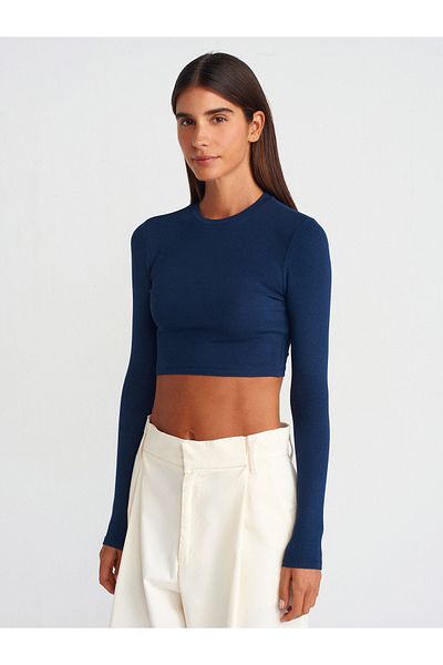 Dilvin 31236 Long Sleeve Crop Top-Navy Blue