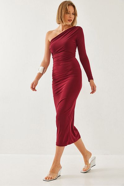 Bianco Lucci Rochie lungă pentru femei, cu un singur umăr și adunată 375 60351135