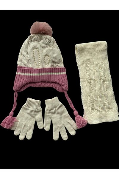 Kitti 4-8 Years Old Girl's Beanie Inside Fleece Outside Acrylic Pompom Scarf Beanie Gloves 3-Piece Set Pink / Cream