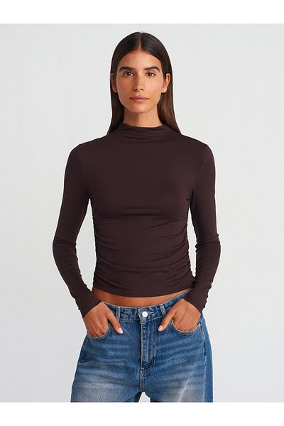 Dilvin 30504 Gathered Viscose Long Sleeve Ball-Dark Brown