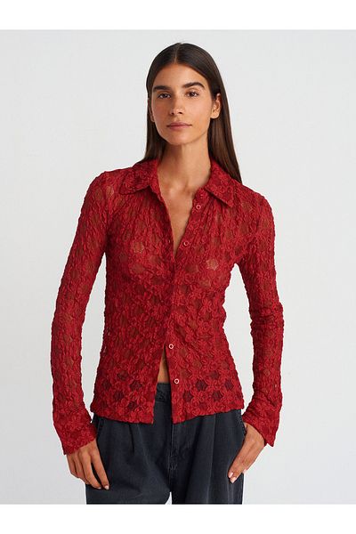 Dilvin 50261 Claret Red Lace Long Sleeve Shirt