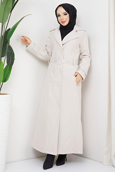 hafsamina Palton crem cu cusături cu centură de piatră și detaliu nasturi - H...