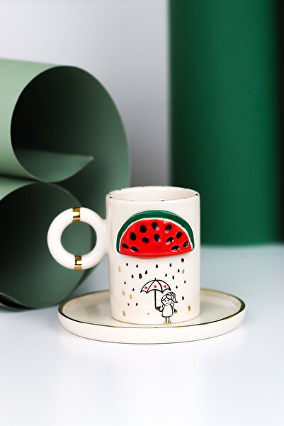 SİNEM YAMAN HOME Watermelon Umbrella Girl's Handmade Ceramic Turkish Coffee C...