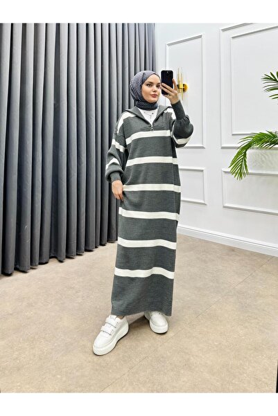 bezenstore YARIM FERMUARLI ÇİZGİLİ TRİKO ELBİSE FÜME