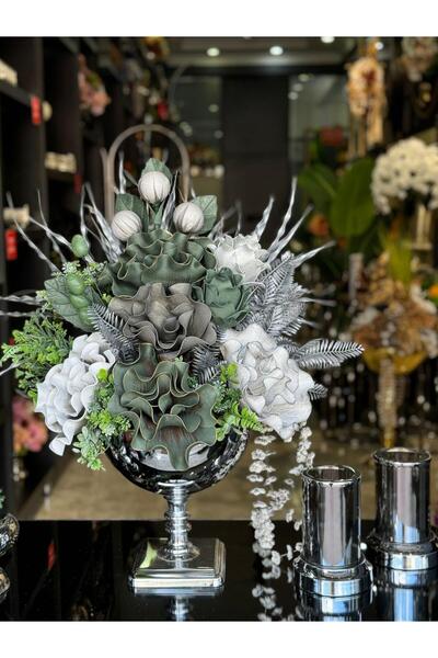 TASARIMHMODA Yapay Çiçekli Gümüş Kare Ayak Vazo 3 Parça Set No:9