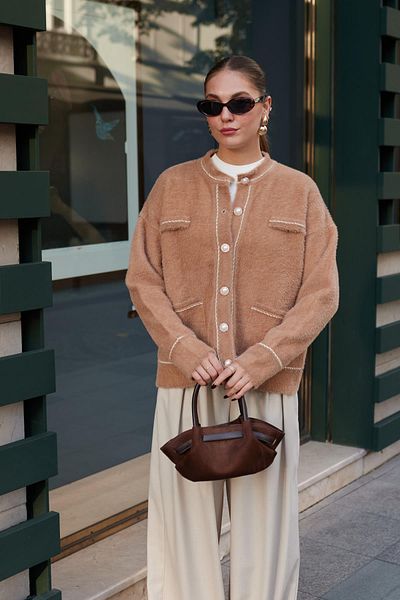Vaveyla Camel Pearl Button Detailed Soft Textured Cardigan