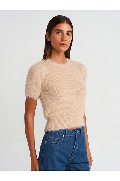 Dilvin 10648 Beige Crew Neck Soft Textured Shiny Knitwear Sweater