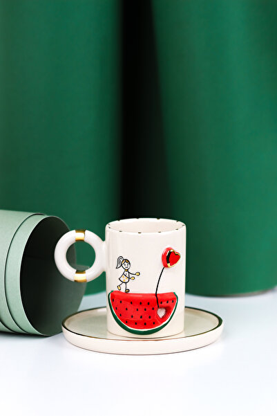 SİNEM YAMAN HOME KARPUZ KALP KIZ EL YAPIMI SERAMİK TÜRK KAHVESİ FİNCANI / HAN...