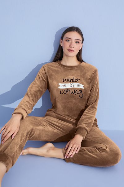 Prestij İç Giyim Women's Crew Neck Long Sleeve Soft Textured Ultra Soft Winter Pajamas Set
