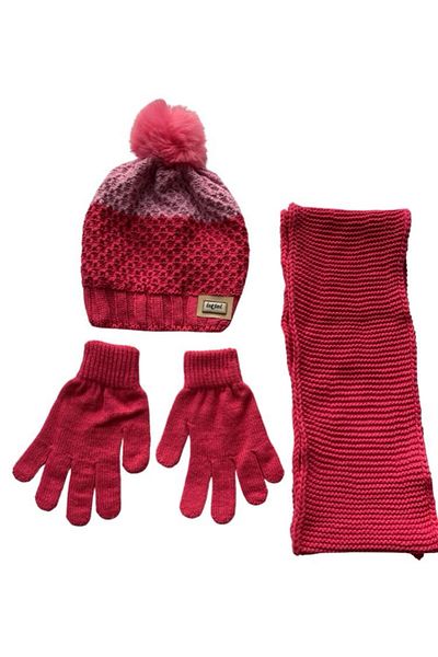Kitti 9-15 Years Old Girl's Beanie Inside Fleece Outside Acrylic Pompom Scarf Beanie Gloves Set of 3 Pink Fuchsia