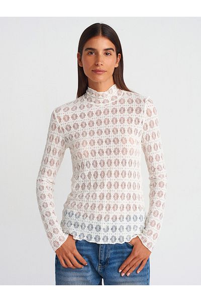 Dilvin 31328 Turtleneck Zippered Lace Top- Ecru