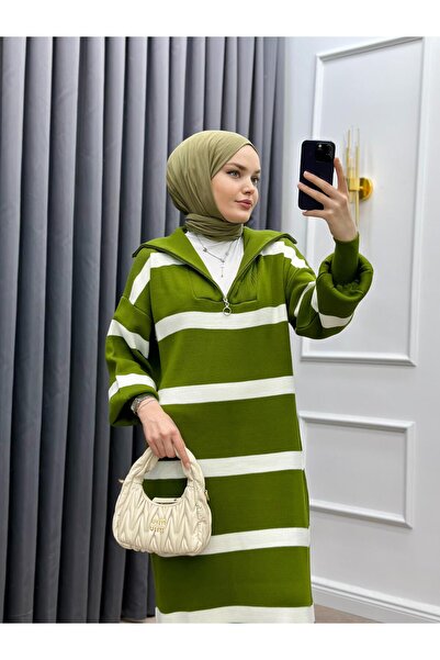 bezenstore YARIM FERMUARLI ÇİZGİLİ TRİKO ELBİSE YAĞ YEŞİLİ