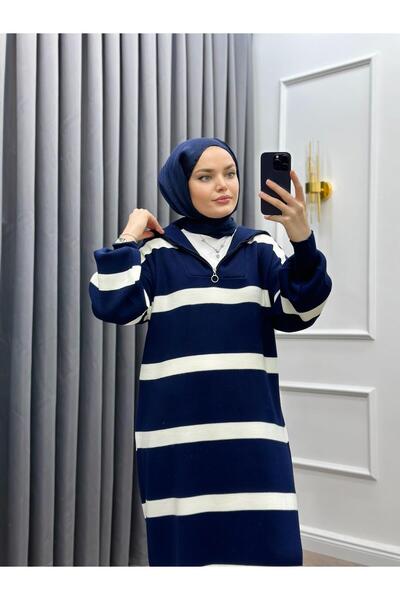 bezenstore YARIM FERMUARLI ÇİZGİLİ TRİKO ELBİSE LACİVERT