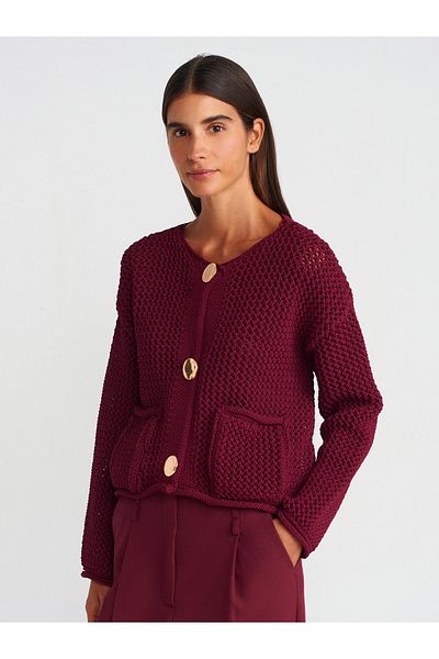 Dilvin 60270 Crew Neck Pocket Buttoned Knitwear Cardigan-Claret Red