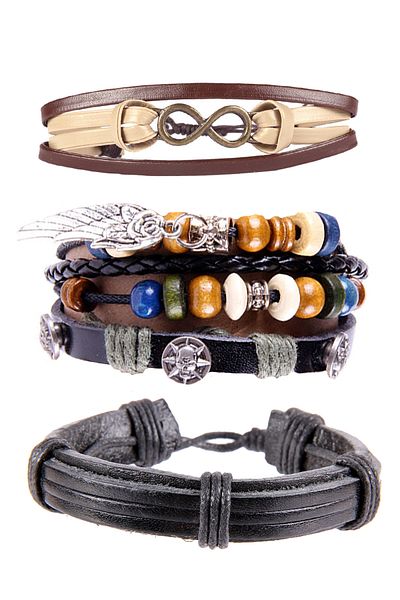 Dejavu Adjustable Size Leather Unisex Bracelet Bundle with String Detail