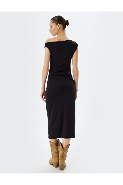 Koton Midi Slip Elbise Asimetrik Yaka Drapeli Kolsuz Slim Fit