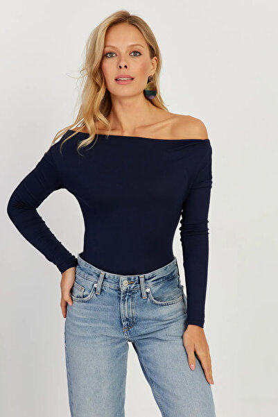 LACHT Жіночий новий сезон блуза з довгими рукавами та човниковим коміром, темно-синя віскоза