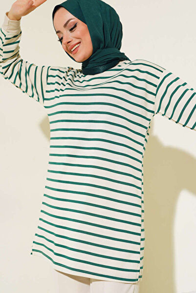 Genel Markalar Yatay Çizgili Basic Tunik Zümrüt Yeşili