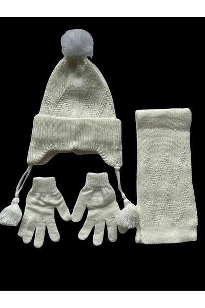 Kitti Girls' 3-Piece Set - Acrylic Beanie with Pompom, Non-Fleece, Gloves Cream