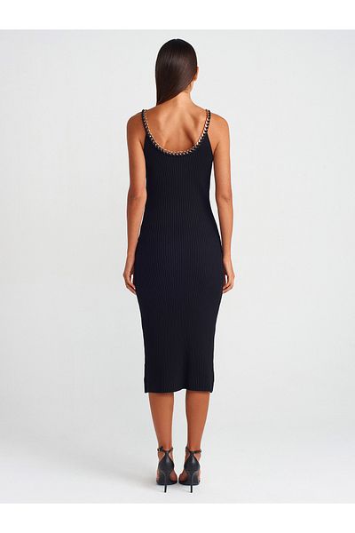 Dilvin 90226 Strap Chain Ribbed Knitwear Dress-Black
