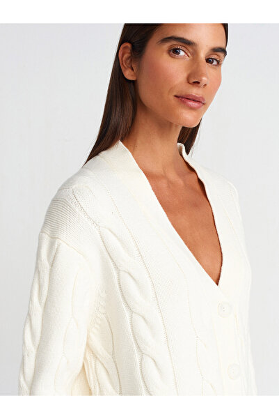 Dilvin 60266 V-Neck - Ecru Knitwear Cardigan with Hair Braid Detail