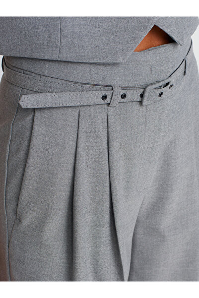 Dilvin 71560 Belted Collet Fabric Trousers-Light Gray