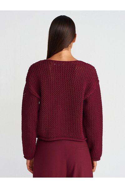 Dilvin 60270 Crew Neck Pocket Buttoned Knitwear Cardigan-Claret Red