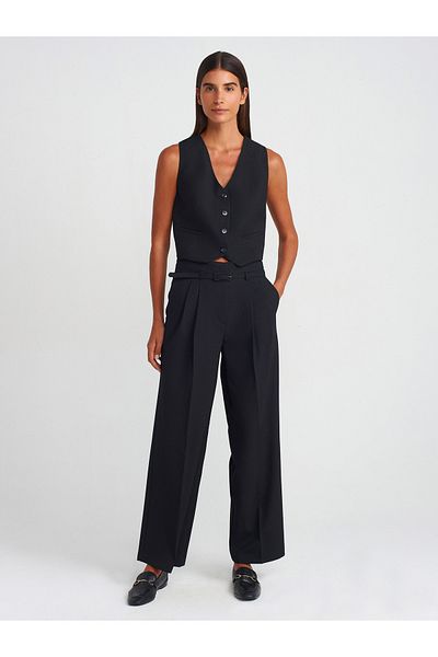 Dilvin 71560 Belted Collet Fabric Trousers-Black