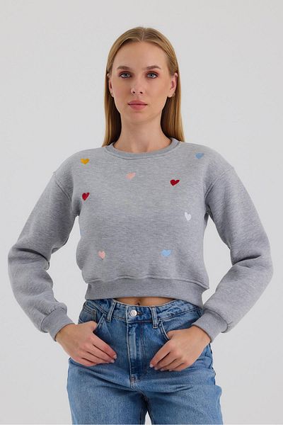 Ceylen Women's Heart Embroidered Crop Sweat