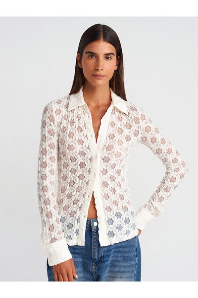 Dilvin 50261 Ecru Long Sleeve Lace Shirt