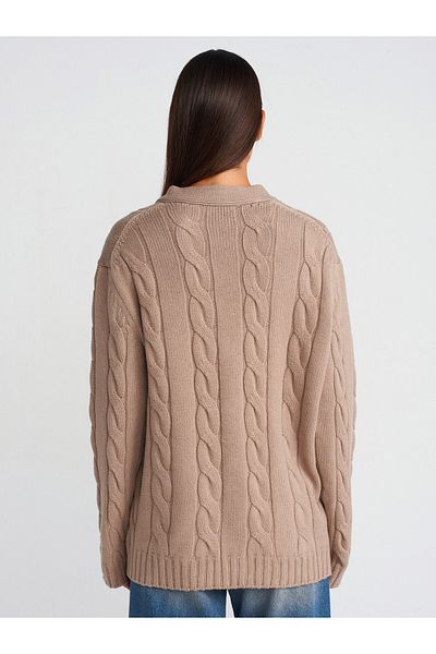 Dilvin 60266 V-Neck Hair Knit Buttoned Knitwear Cardigan-Dark Mink