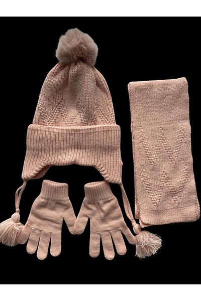 Kitti Powder Color 3-Piece Set for Girl 4-8 Years Old - Fleece Beanie, Acrylic Pompom Gloves
