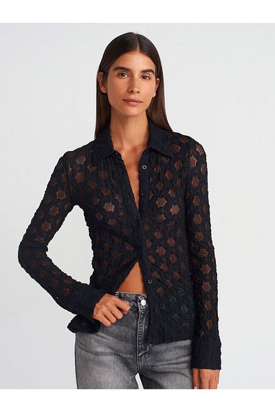 Dilvin 50261 Long Sleeve Lace Shirt-Black