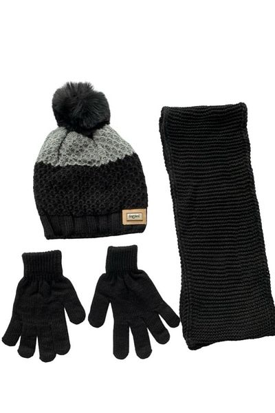 Kitti 9-15 Years Old Girls' Beanie Inside Fleece Outside Acrylic Pompom Scarf Beanie Gloves 3-Piece Set Black Gray