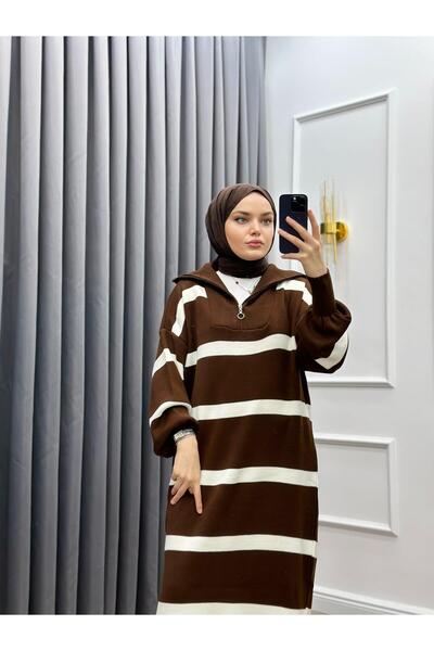 bezenstore YARIM FERMUARLI ÇİZGİLİ TRİKO ELBİSE KAHVE