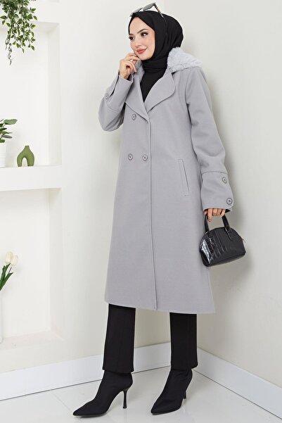 hafsamina Gray Stamp Coat - Fur Detailed Collar, Hm2583