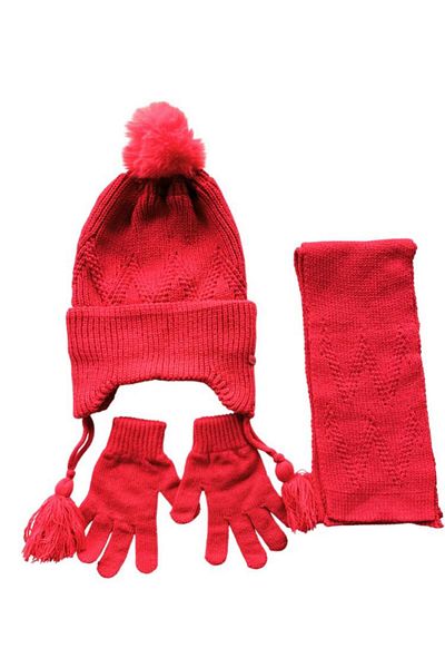 Kitti Fuchsia Acrylic Pompom Beanie Set for 4-8 Years Old Girl - Non-Fleece Gloves Scarf