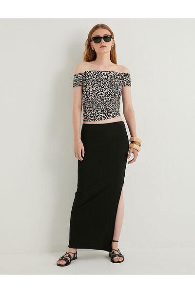 Koton Boat Neck Leopard Print Slim Fit Crop Blouse