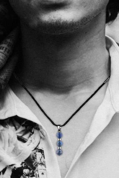 TAŞ SEPETİ Real Lapis Lazuli Natural Stone Minimal Tria Model Cotton Drawstring Mens Necklace