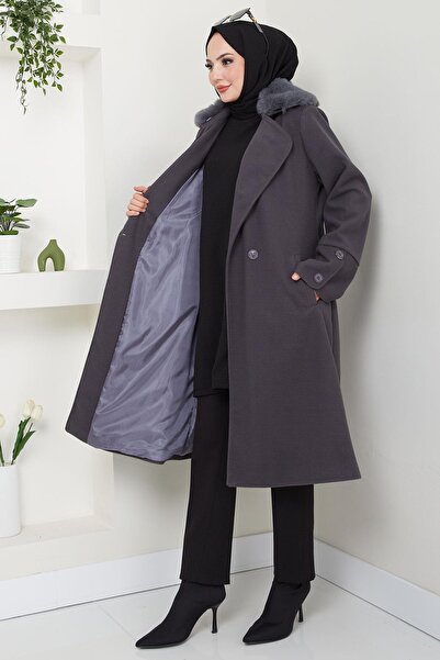 hafsamina Anthracite Stamp Coat - Fur Collar Detail, Hm2583